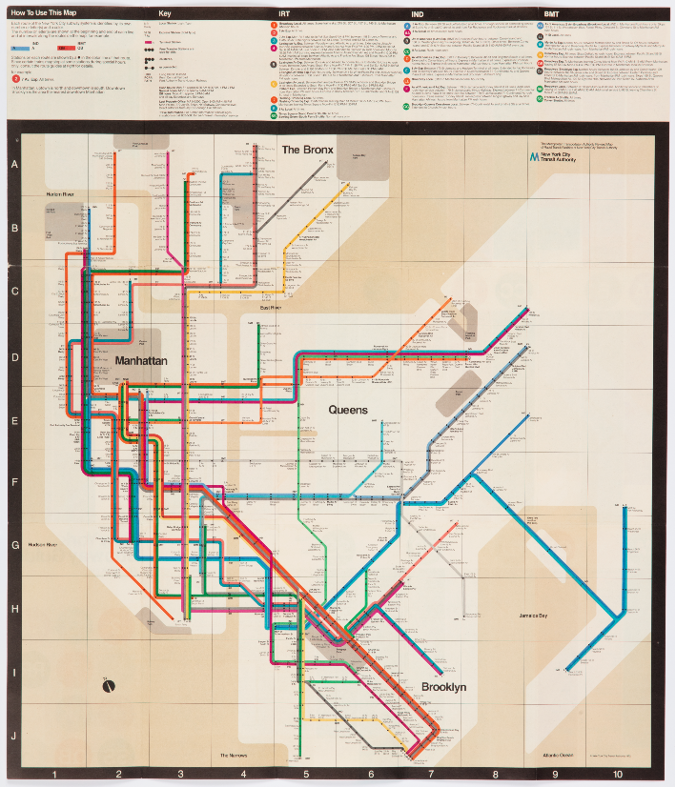 Displays the piece: New York City Subway Guide, 1972, Massimo Vignelli (Italian, 1931–2014), with Joan Charysyn and Bob Noorda of Unimark International Corporation.