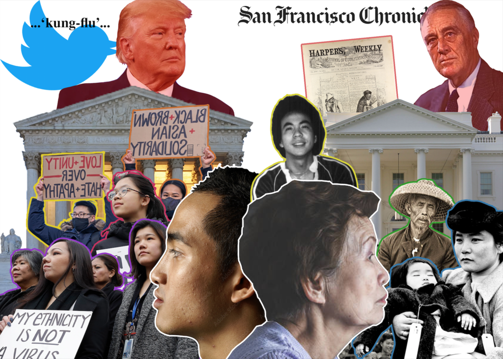 This collage depicts the past and present history of Asian-American history. The right illustrates early instances of Asian-hate in America, such as the Japanese internment and Vincent Chin case while the left indicates the present-day persistence of anti-Asian sentiments induced by COVID-19.
