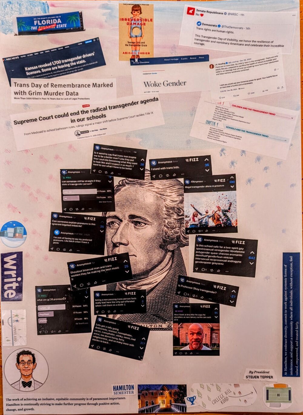 A collage of transphobic messages surrounding Alexander Hamilton's face
